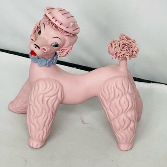 Vintage 50s Pink Bisque Spaghetti Poodle with Red Striped Hat Blue Floral Collar - Picture 1 of 5